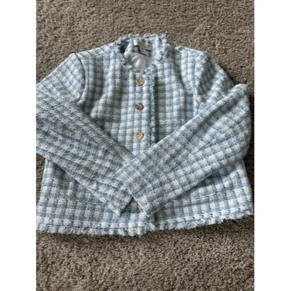 Zoe Jackets & Blazers - Richarl Zoe Women's Fringe-Trim Tweed Blazer gold button detail Size Large